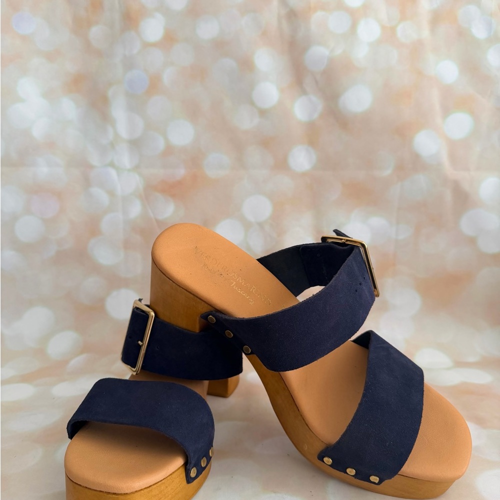 Made in Italy. Classic Navy Blue Mules with Wooden Heel & gold buckle. New